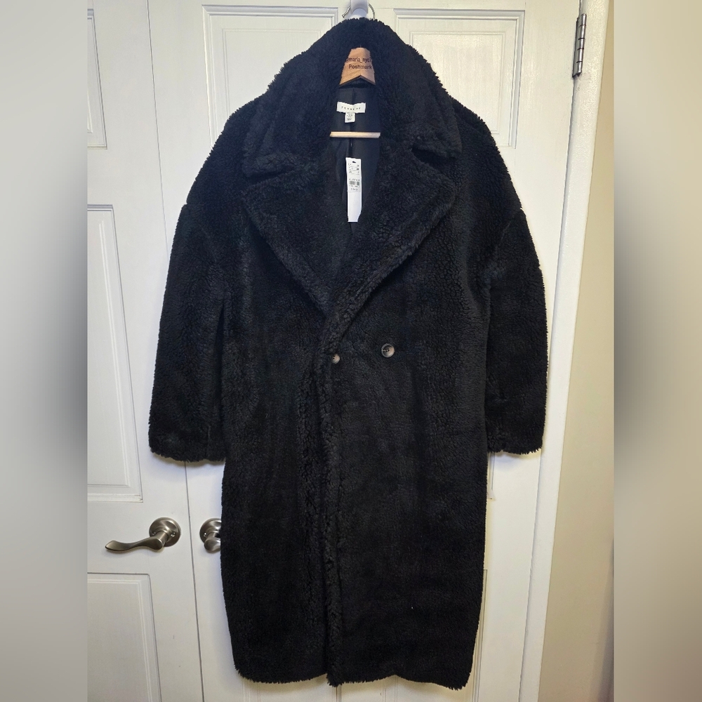 Topshop Fuzzy Warm Faux Fur Teddy Button Close Coat- Sz 6 Black NWT